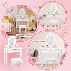 Kids Vanity Set, Pretend Play Girls Vanity Table and Chair Set with Lighted Mirror,Stool,Wood Makeup Playset,Birthday Gift
