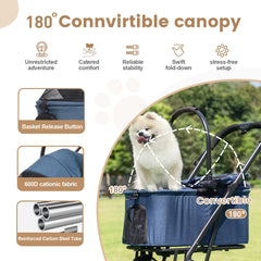 3 in 1 Dog Stroller, Upgraded Frame, Up to 44lbs Pet Stroller with Dog Poop Bags & Dispenser, Zipperless Entry, Storage Basket &
