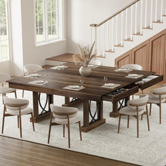 Wooden Rectangular Kitchen Table with Double Pedestal & Large Tabletop Dining Room Table for 6-8 with 2 Drawers Walnut
