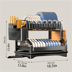 2-Tier Dish Drying Rack for Kitchen Counter, Large Dish Rack with Drainboard, Carbon Steel Kitchen Dish Rack with Utensil Holder