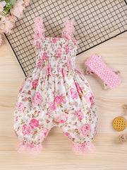 Baby Girls Floral Romper Set, Sleeveless Lace Trim Jumpsuit + Matching Bow Headband, 2pcs Outfit