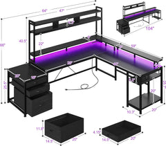 64 x 60 Inches L Shaped Desk with Hutch and Drawers, Gaming Desk with Power Outlet & Monitor Stand & LED Lights, Corner Desk