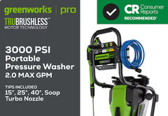 Greenworks Pro Electric Pressure Washer 3000 PSI 2.0 GPM New Free Shipping