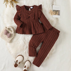 2Pcs Baby Girl Clothes Outfit 2-3 Years Infant Ruffle Long Sleeve Bow Peplum Top + Striped Pants Set Autumn Newborn Baby Apparel
