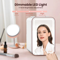 Mini fridge for bedroom skincare with dimmable LED light and 3 brightness levels for optimal skincare and makeup application.