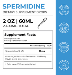 spermidine drops supplement label showcasing supplement facts and dosage details.