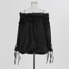 Retro Off-the-Shoulder Strap Bell-Sleeve Solid Color Chiffon Top