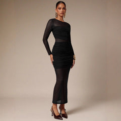 Womens Solid-Color Crew-Neck Mesh-Patchwork Bodycon Midi Skirt