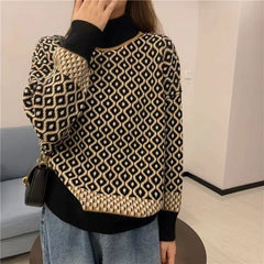Womens Retro Chic Contrast-Knit Sweater