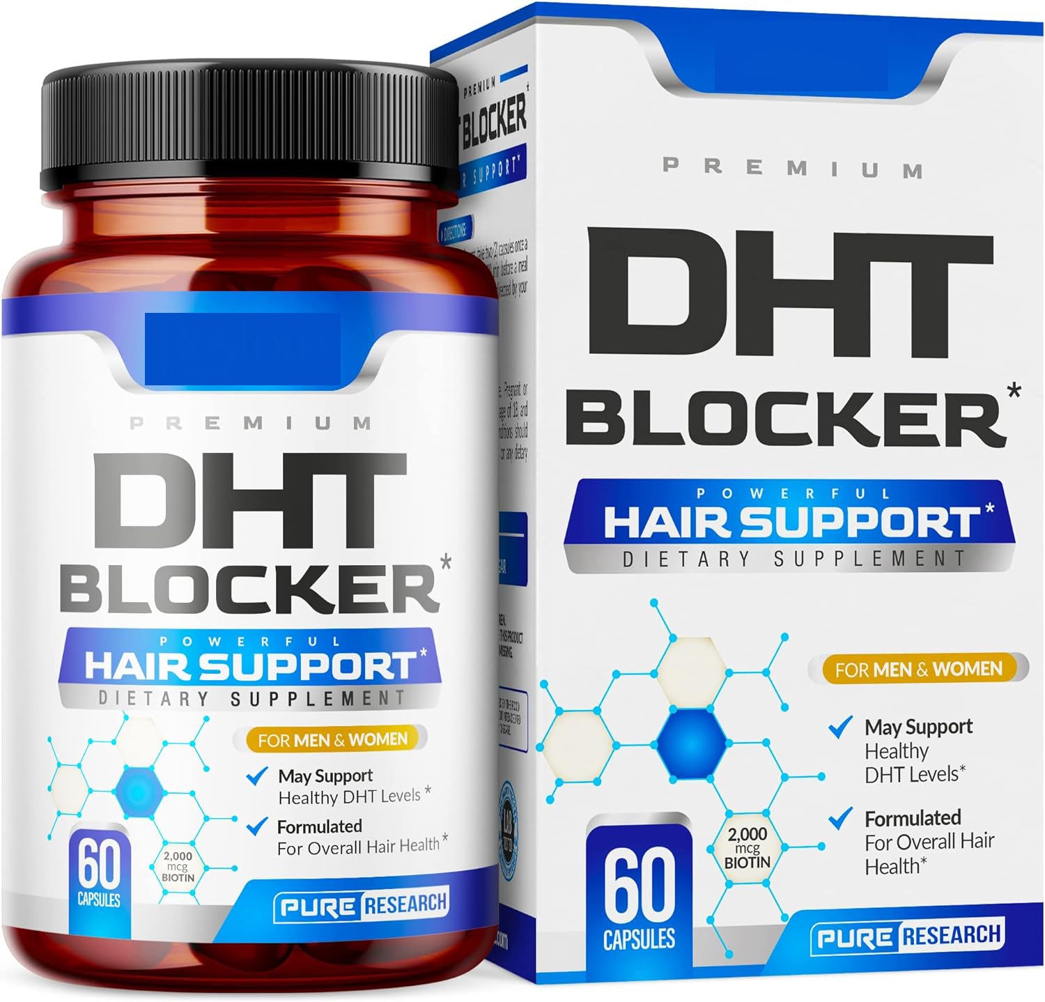 DHT capsules for adults in a bottle, dietary supplement for hair support, containing 60 capsules.