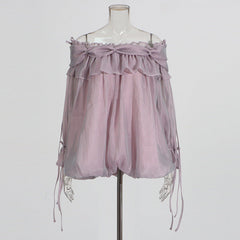 Retro Off-the-Shoulder Strap Bell-Sleeve Solid Color Chiffon Top
