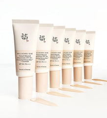 6 shades and swatches of Beauty of Joseon tinted mineral sunscreen SPF50+.