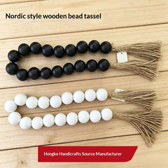 18-bead Large-size Bead Necklace With Hemp Rope Tassels And Wooden Beads