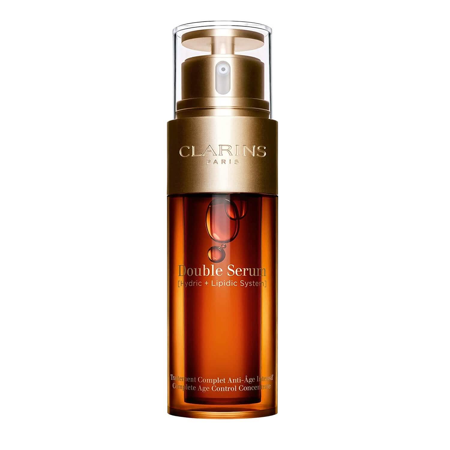 Clarins anti-aging double serum bottle with pump for smoother, firmer skin, featuring hydric and lipidic system.