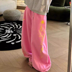 Retro Print Letter Drawstring Casual Pants For Women