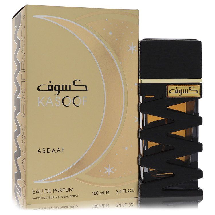 Lattafa Asdaaf Kasoof Black Extract 3.4 oz Eau De Parfum spray bottle and packaging box.