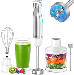 Hand Blender; 5 in 1 Multi-Purpose Immersion Blender set; 1100 watts 12 Adjustable Speed Stick Blender; 600ml Beaker; 500ml Food Processor Container; Egg Whisk; Milk Frother Attachments; White