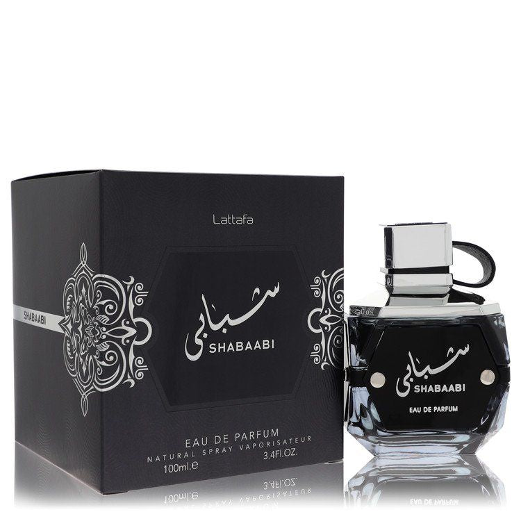 Lattafa Shabaabi Eau De Parfum 3.4 oz 100 ml unisex spray bottle and black packaging box.