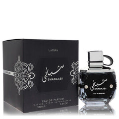 Lattafa Shabaabi Eau De Parfum 3.4 oz 100 ml unisex spray bottle and black packaging box.