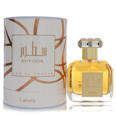 Lattafa Sutoor Eau De Parfum 3.4 oz spray for women, featuring the bottle and cylindrical packaging box.