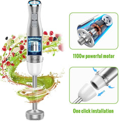 Hand Blender; 5 in 1 Multi-Purpose Immersion Blender set; 1100 watts 12 Adjustable Speed Stick Blender; 600ml Beaker; 500ml Food Processor Container; Egg Whisk; Milk Frother Attachments; White