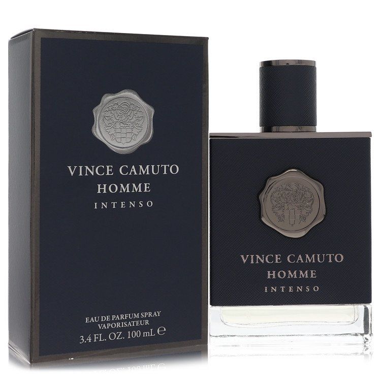 Vince Camuto Homme Intenso cologne for men, 3.4 oz (100 ml) Eau De Parfum spray bottle with box packaging.