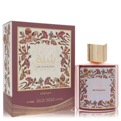 Lattafa Asdaaf Buthaina perfume in 3.4 oz 100 ml bottle and floral box, a unisex Eau De Parfum spray by Lattafa.