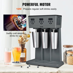 VEVOR Milkshake Maker, 375W x 3 Electric Milkshake Machine, Commercial Triple Heads Drink Mixer Blender, LED Intelligent Microswitch, 3-Speed Milkshake Mixer with 3 x 820 ml Stainless Steel Cups
