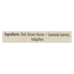 Ingredients label for Rainbow Research dark brown henna hair color showing Lawsonia Inermis and Indigofera.