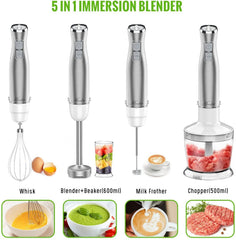 Hand Blender; 5 in 1 Multi-Purpose Immersion Blender set; 1100 watts 12 Adjustable Speed Stick Blender; 600ml Beaker; 500ml Food Processor Container; Egg Whisk; Milk Frother Attachments; White