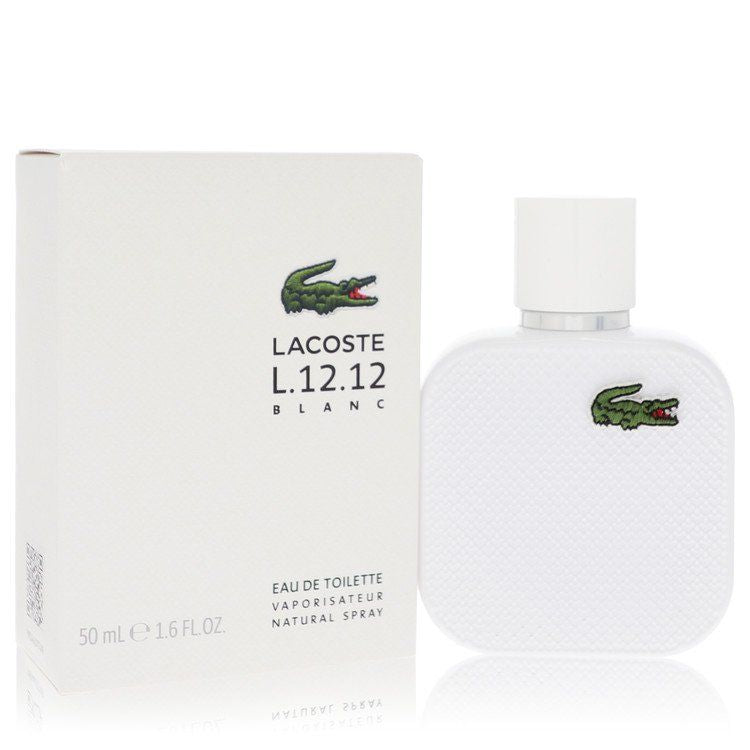 Lacoste L.12.12 Blanc Eau De Toilette for Men in a 1.6 oz bottle next to its white box.