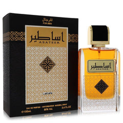 Lattafa Asateer Eau De Parfum 3.4 oz / 100 ml spray cologne for men shown with its black and gold product box.