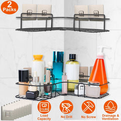 2Pcs Corner Shower Caddy Shelves Wall Mounted Basket Rack Bathroom Shampoo Holder Storage Organizer