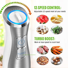 Hand Blender; 5 in 1 Multi-Purpose Immersion Blender set; 1100 watts 12 Adjustable Speed Stick Blender; 600ml Beaker; 500ml Food Processor Container; Egg Whisk; Milk Frother Attachments; White