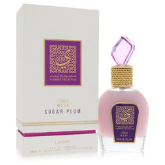 Lattafa Musk Sugar Plum perfume for women, 3.4 oz (100 ml) spray bottle with white packaging box.