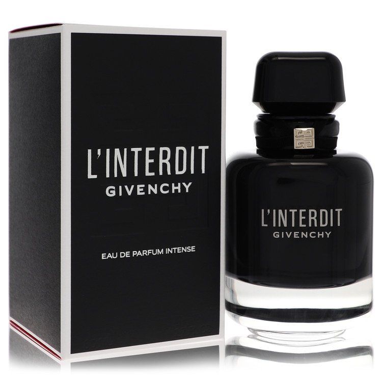 Givenchy L'interdit Intense perfume 2.6 oz (77 ml) eau de parfum spray for women with black bottle and packaging box.