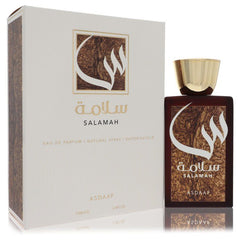 Lattafa Asdaaf Salamah perfume 3.4 oz bottle for women shown next to its elegant white and brown packaging box.