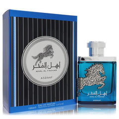 Lattafa Asdaaf Ahal Al Fakhar Eau De Parfum 3.4 oz (100 ml) spray bottle with blue and black horse-themed packaging.