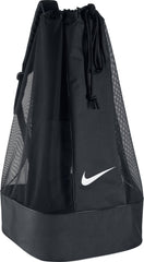 Black mesh Nike soccer ball bag with drawstring and white swoosh.