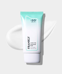 FRANKLY Cicahae Sun SPF50+ PA++++ 50ml daily sunscreen with SPF50 in a tube with light cream swatch.