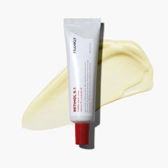 FRANKLY Retinol 0.1 Wrinkle Repair Cream tube and cream swatch; best retinol wrinkle repair cream for smoother skin.