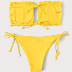 Frill Trim Bandeau Tie Side Bikini Swimsuit