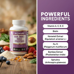 Hair skin nails beauty supplement bottle with ingredients and berries
