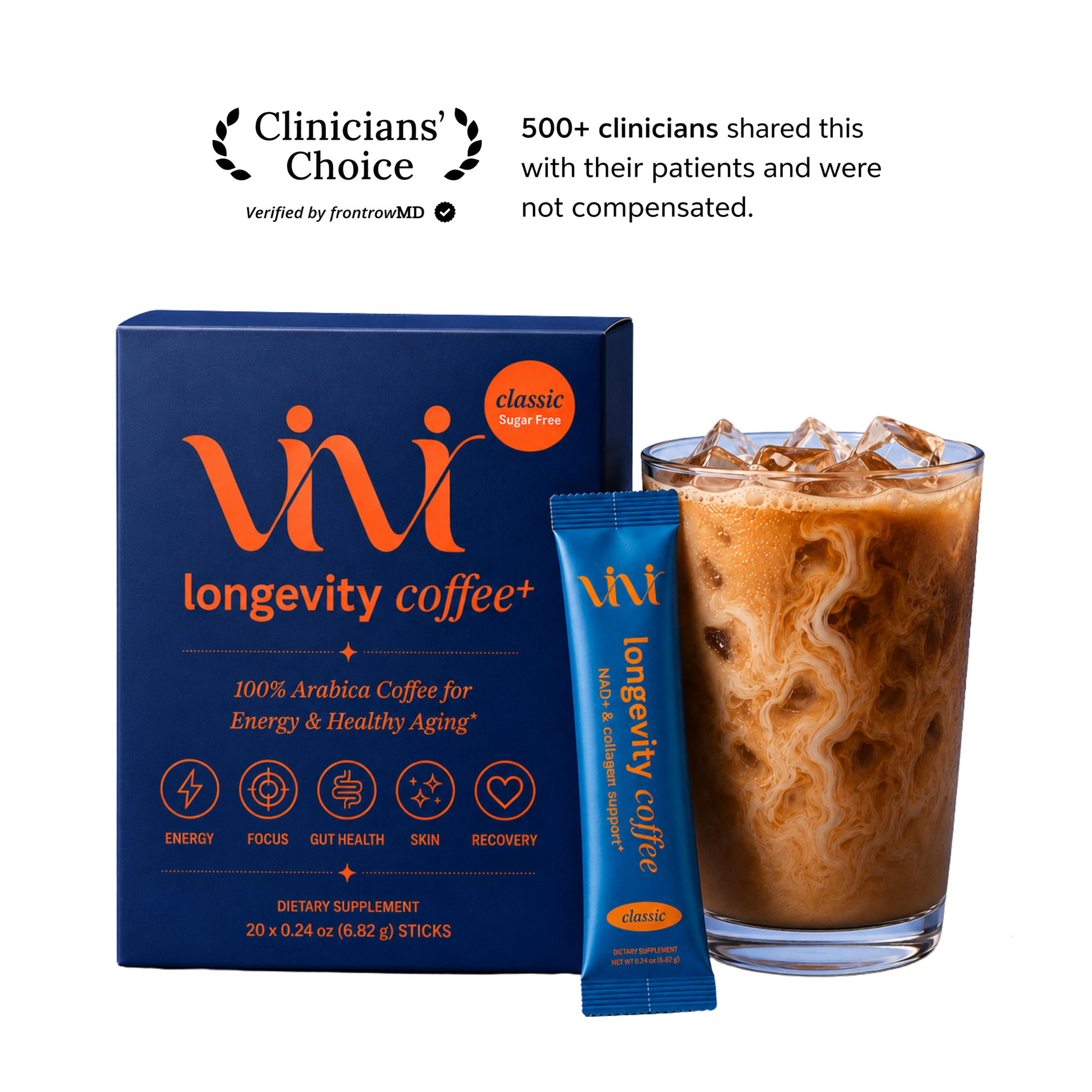 Vivi Longevity Coffee+ box, packet, and iced glass of collagen instant coffee blended with antioxidants.