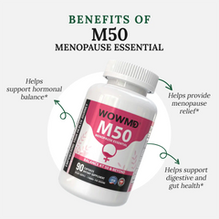 WOWMD M50 menopause support supplement bottle showing benefits for hormonal balance, menopause relief, and gut health.