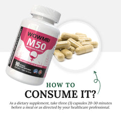 WOWMD M50 menopause support supplement bottle and capsules with instructions on how to consume.