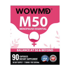 WOWMD M50 Menopause Essential label. A menopause support supplement with 90 capsules for balance at 50 and beyond.