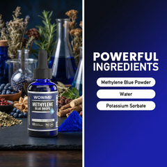 methylene blue cognitive wellness drops on a wooden table with powerful ingredients in background