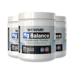 Three tubs of WOWMD MgBalance lemon lime magnesium powder supplement for muscle comfort.
