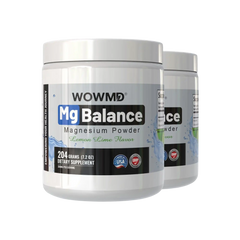 Two tubs of WOWMD MgBalance lemon lime magnesium powder supplement for muscle comfort.